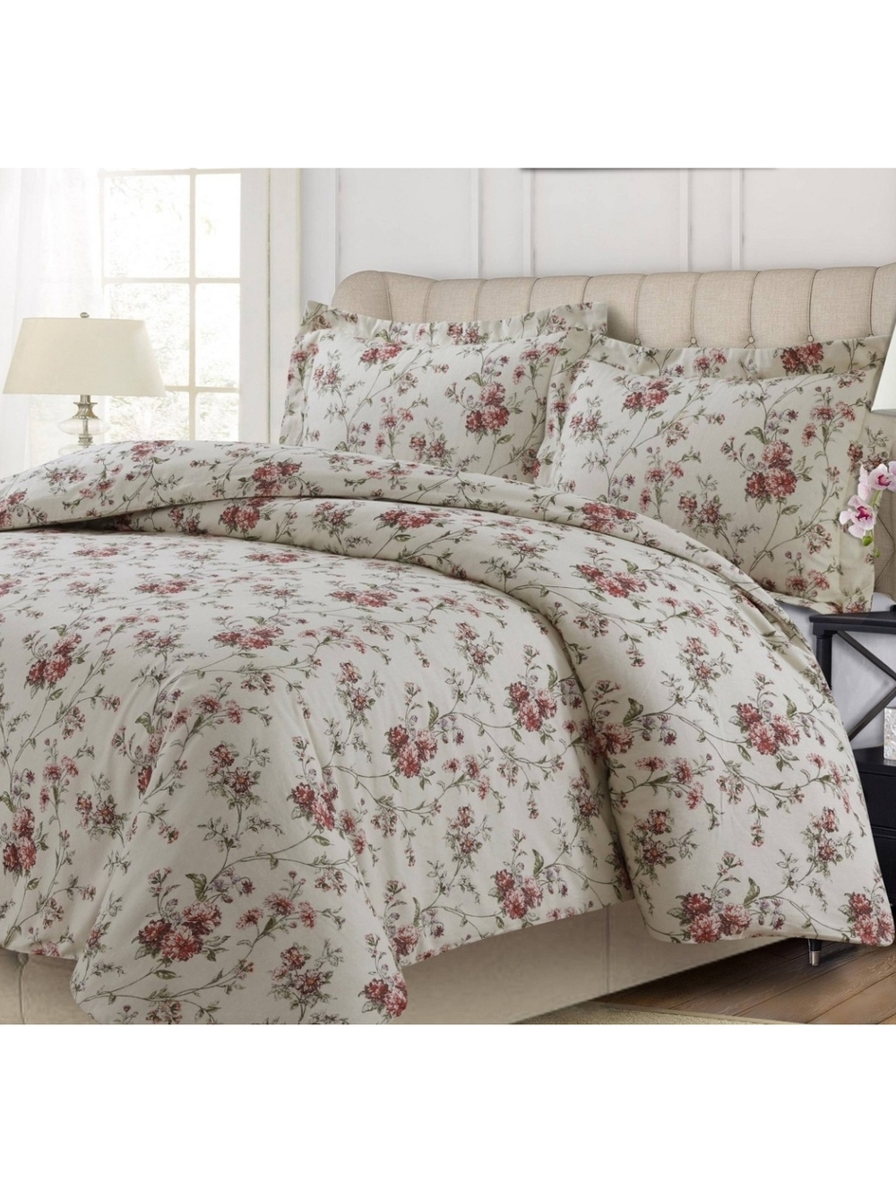 Tribeca Living NWT Queen 3-pc Cotton Flannel Duvet Cover Set In Dollhouse Floral